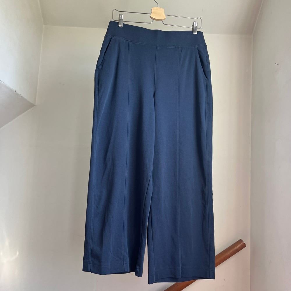 Pact Organic Airplane Pintuck Wide Leg Pants Navy Blue Cotton Cropped Medium - Picture 4 of 9